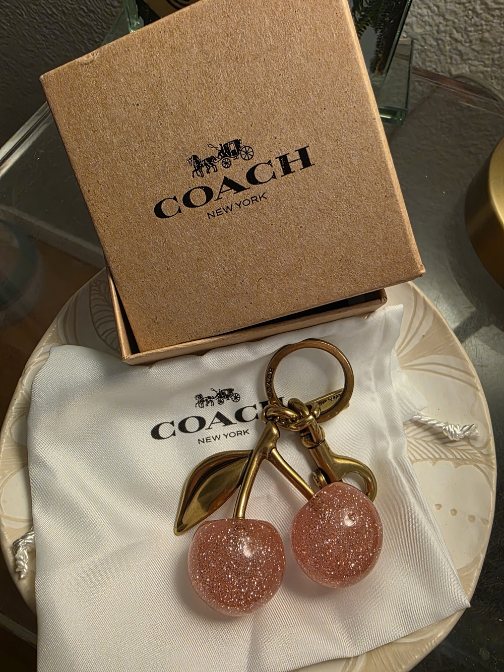 Coach Pink Glitter Cherry Keyring/Bag Charm with Gold Hardware